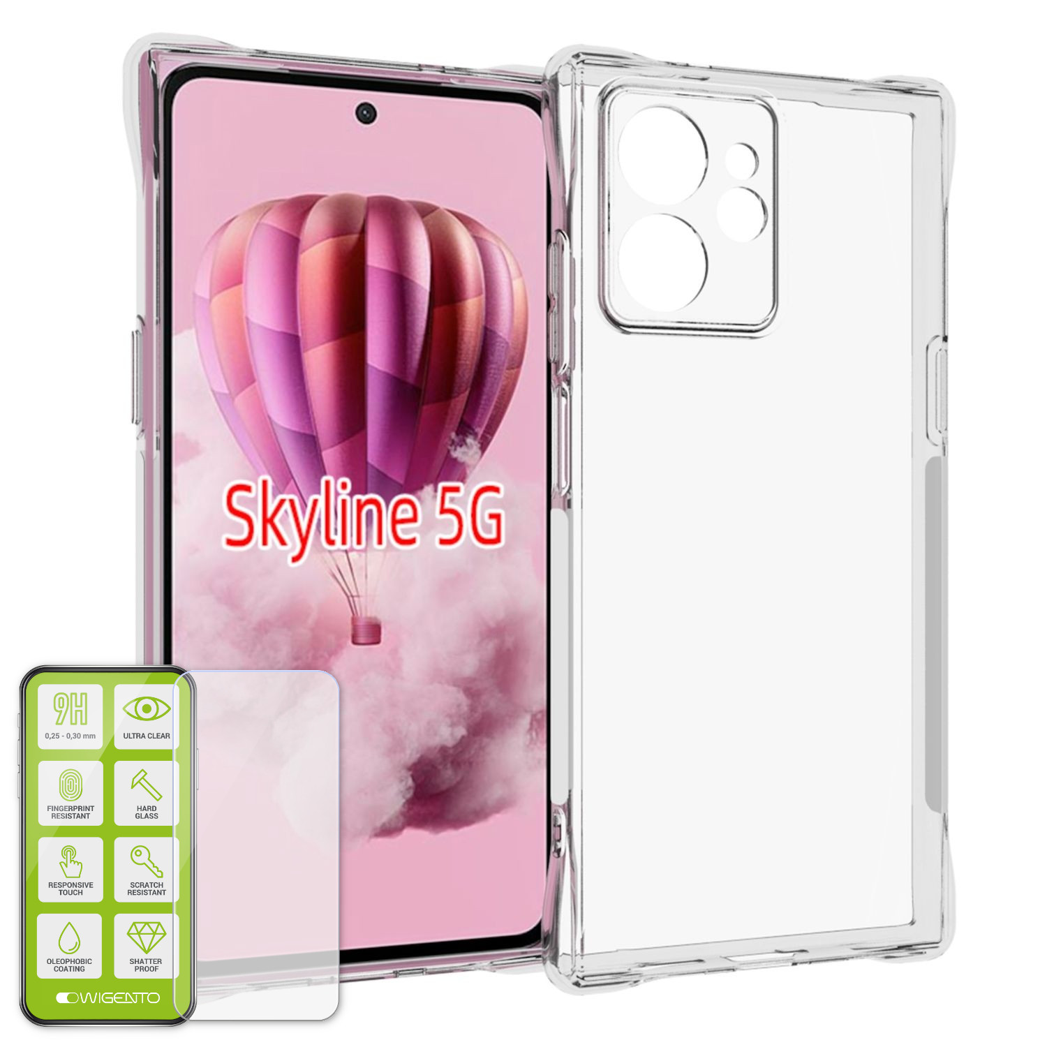 Transparente Handyhülle mit Telefon, Displayschutz. Text: Skyline 5G. Hintergrund: rosafarbener Farbverlauf.