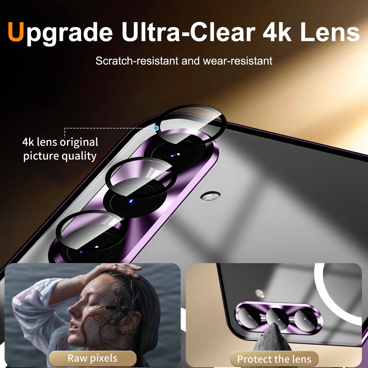 Cubierta protectora de lente en un teléfono. El texto dice 'Upgrade Ultra-Clear 4k Lens'