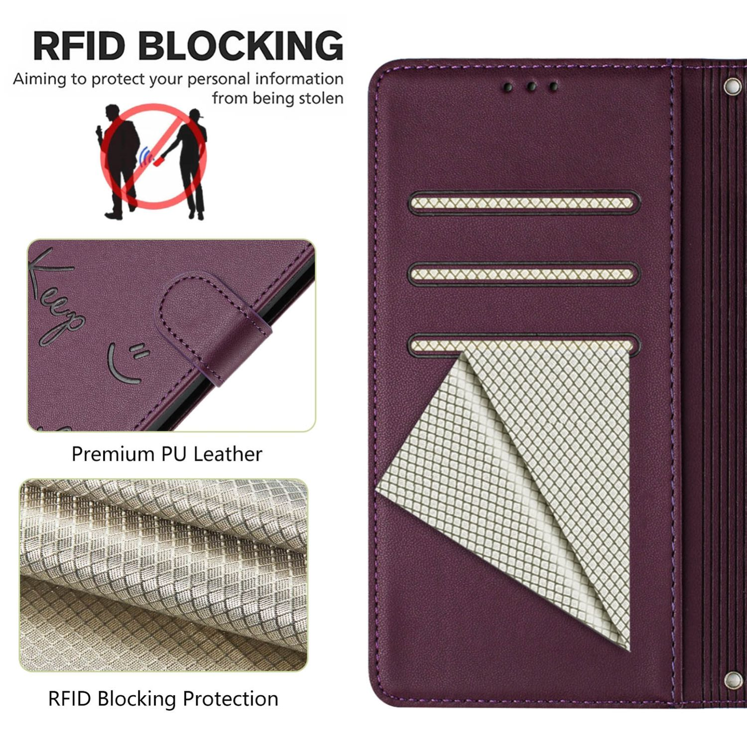 Lila Handyhülle mit Kartenfächern. Text: RFID-Blockierung zum Schutz persönlicher Daten.