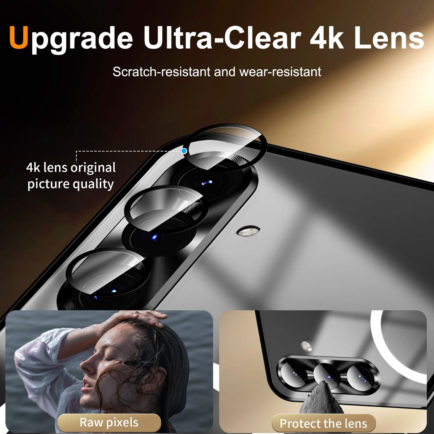 Teleobjektiv-Schutz, Nahaufnahmen. Text: Upgrade Ultra-Clear 4k-Objektiv und Rohpixel.