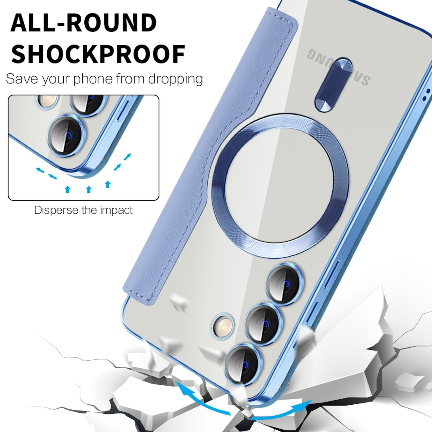 Blaue Handyhülle mit MagSafe-Ring. Telefonbild in der Hülle. Text: Rundum stoßfest. Zerbrochener Boden.