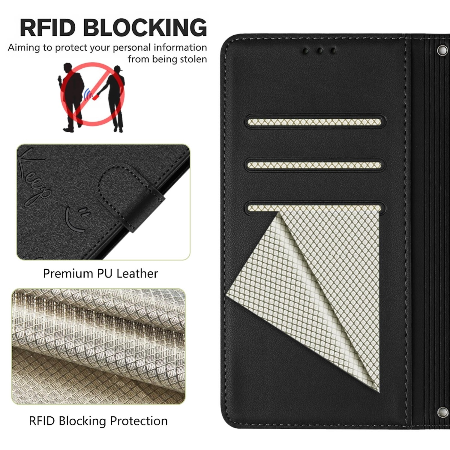 Schwarze Handyhülle geschlossen. Text: RFID-Blockierung. Bild zeigt eine Person mit rotem Kreuz.