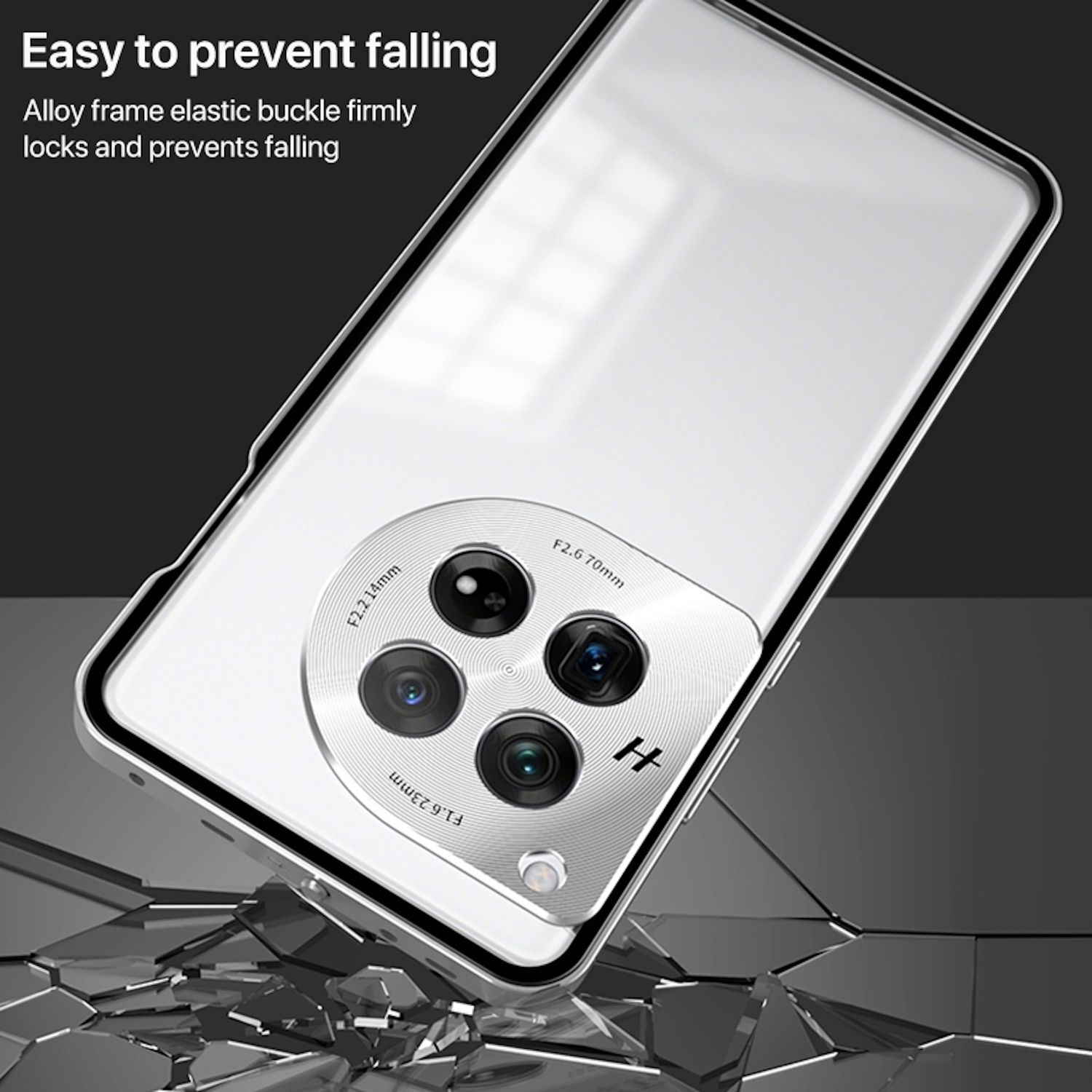 Handyhülle auf einer Oberfläche. Telefon mit Kamera. Das Telefon lehnt sich nach links. Der Hintergrund ist grau.