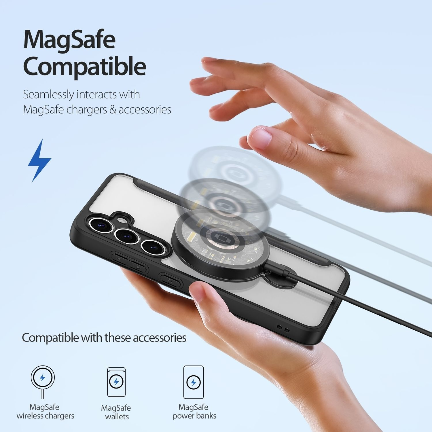 Teléfono con funda, con disco de carga y accesorios, mostrando una función MagSafe.