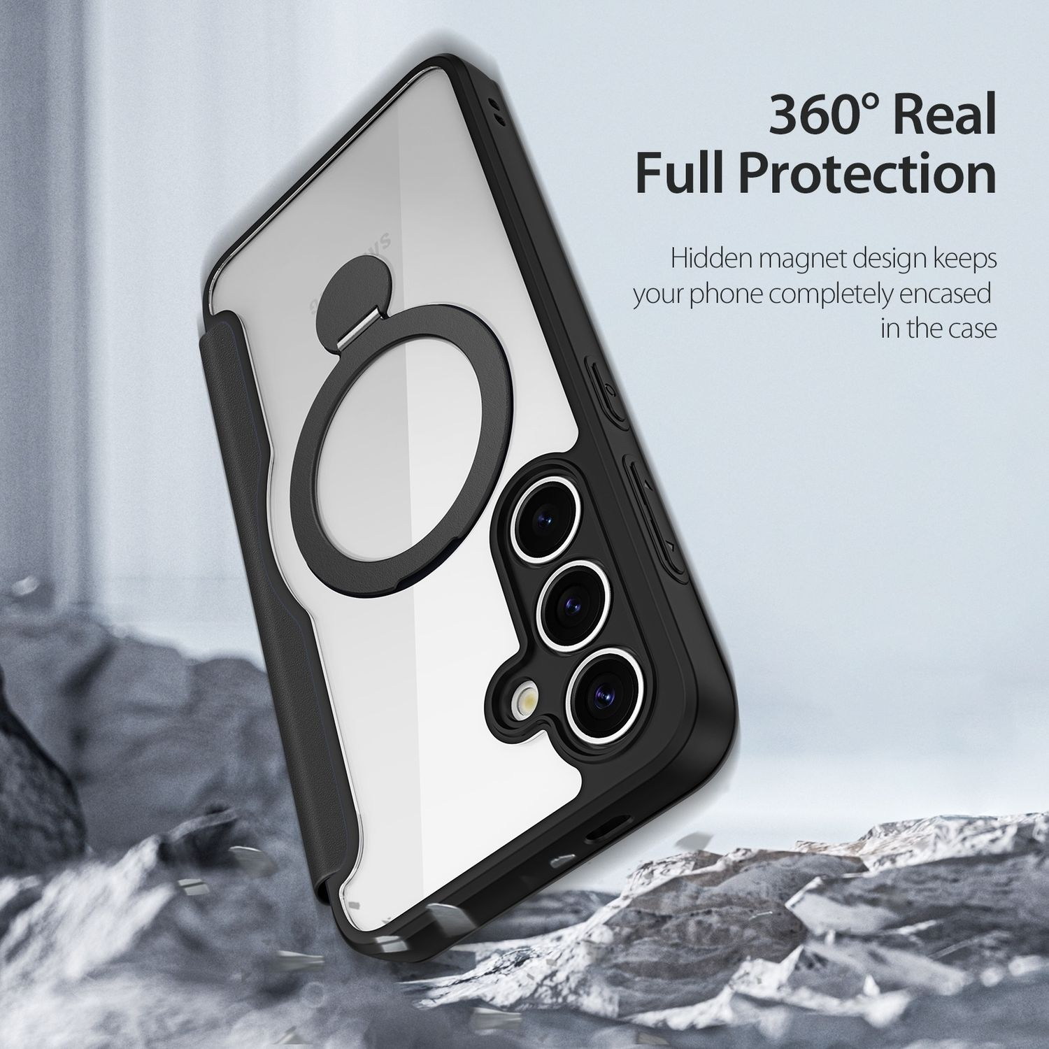 Funda de teléfono negra y transparente con un soporte de anillo sobre una superficie rocosa. También se muestra texto.