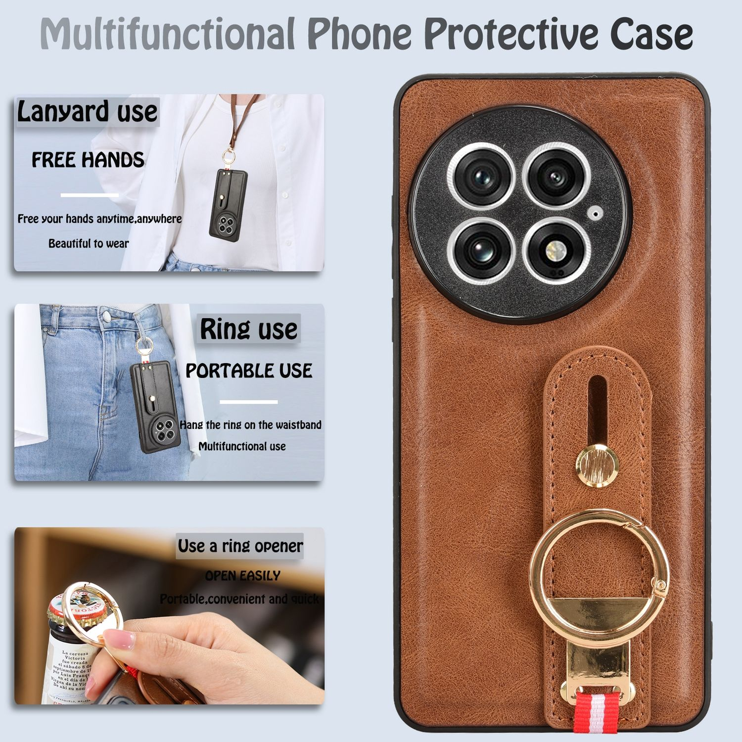 Funda de teléfono marrón con múltiples usos: cordón, anillo y abre anillos.