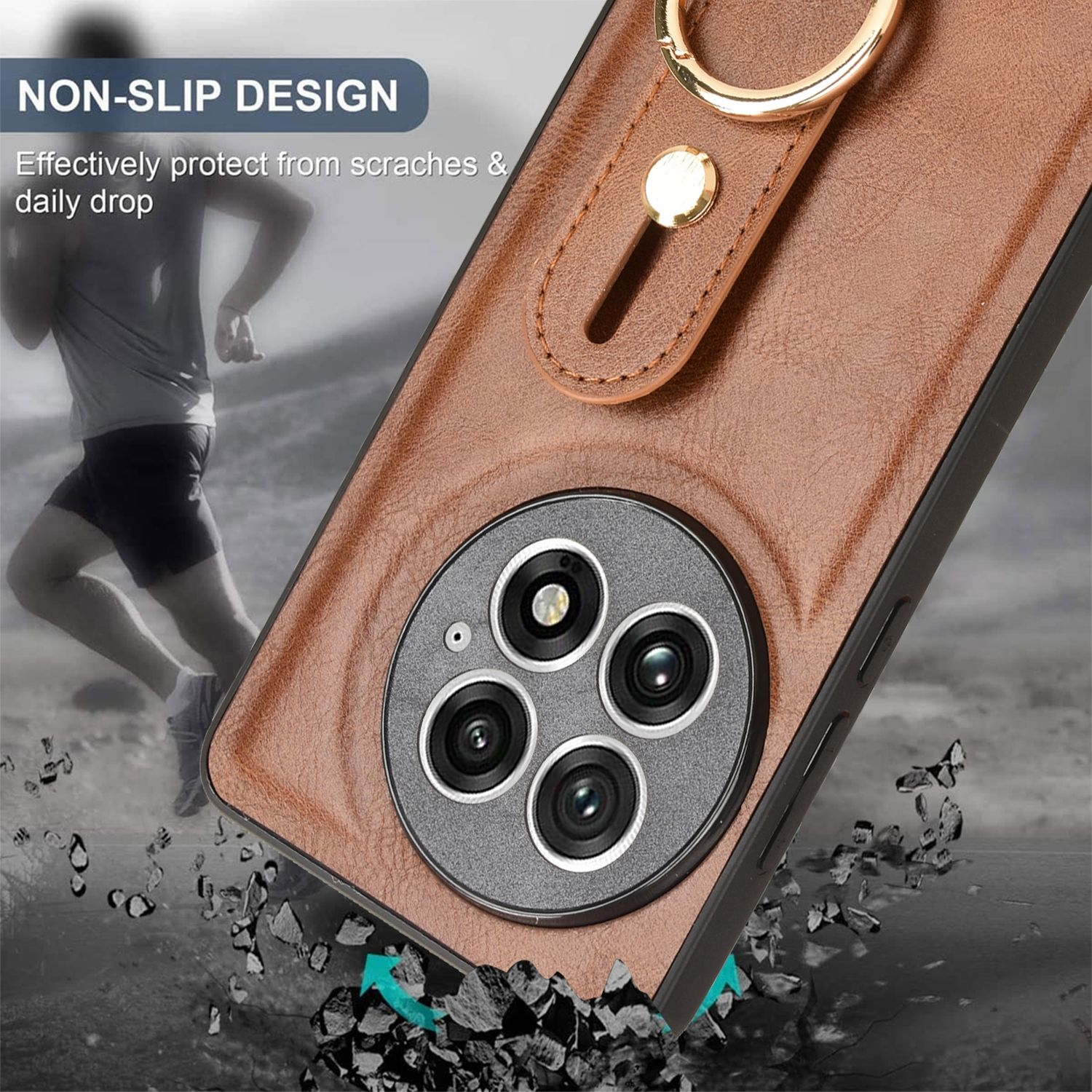 Funda de teléfono marrón con soporte de anillo, teléfono con cámara y rocas cayendo.