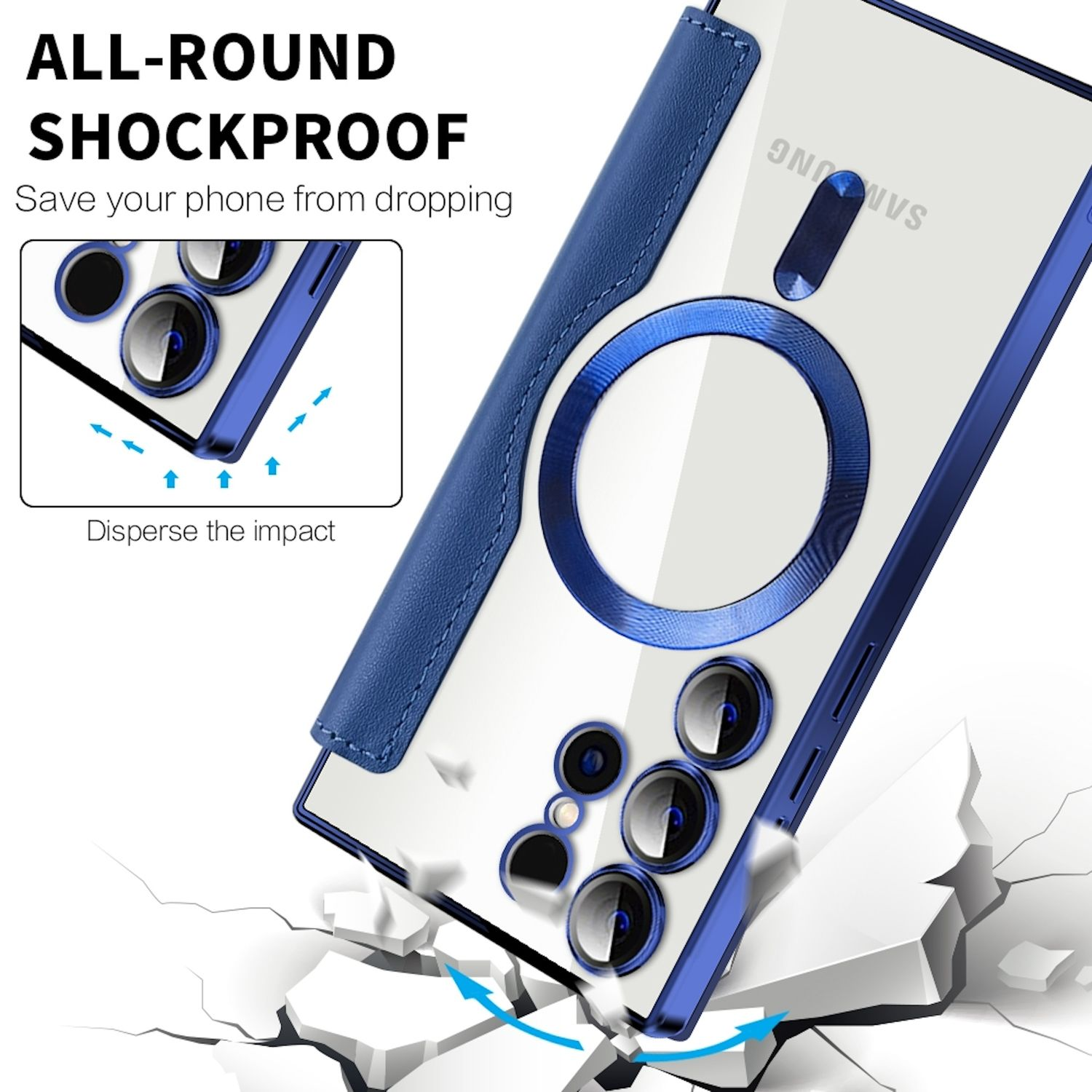 Blaue Handyhülle mit weißem Telefon darin. Aufprallschutz-Design.
