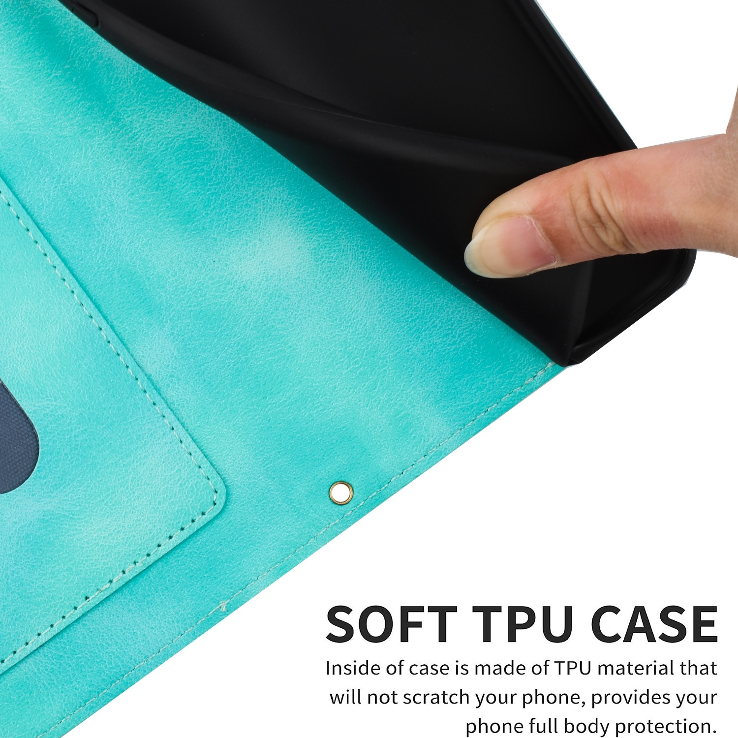 Türkisfarbene Handyhülle offen, zeigt Telefon. Text: SOFT TPU CASE. Weißer Hintergrund.