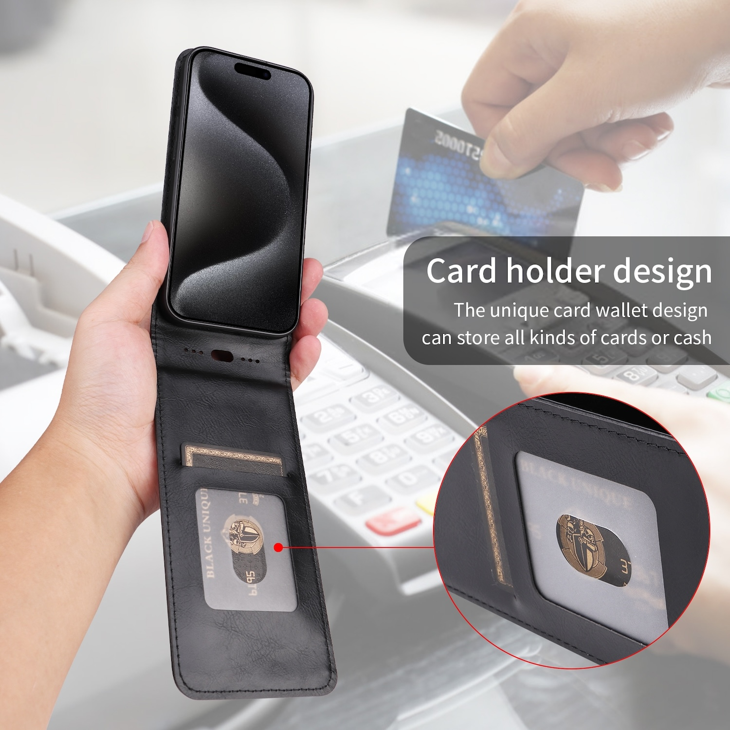 Hand hält Handy-Brieftasche, zeigt Kartenfächer und Kreditkarte, mit beleuchtetem Bildschirm.