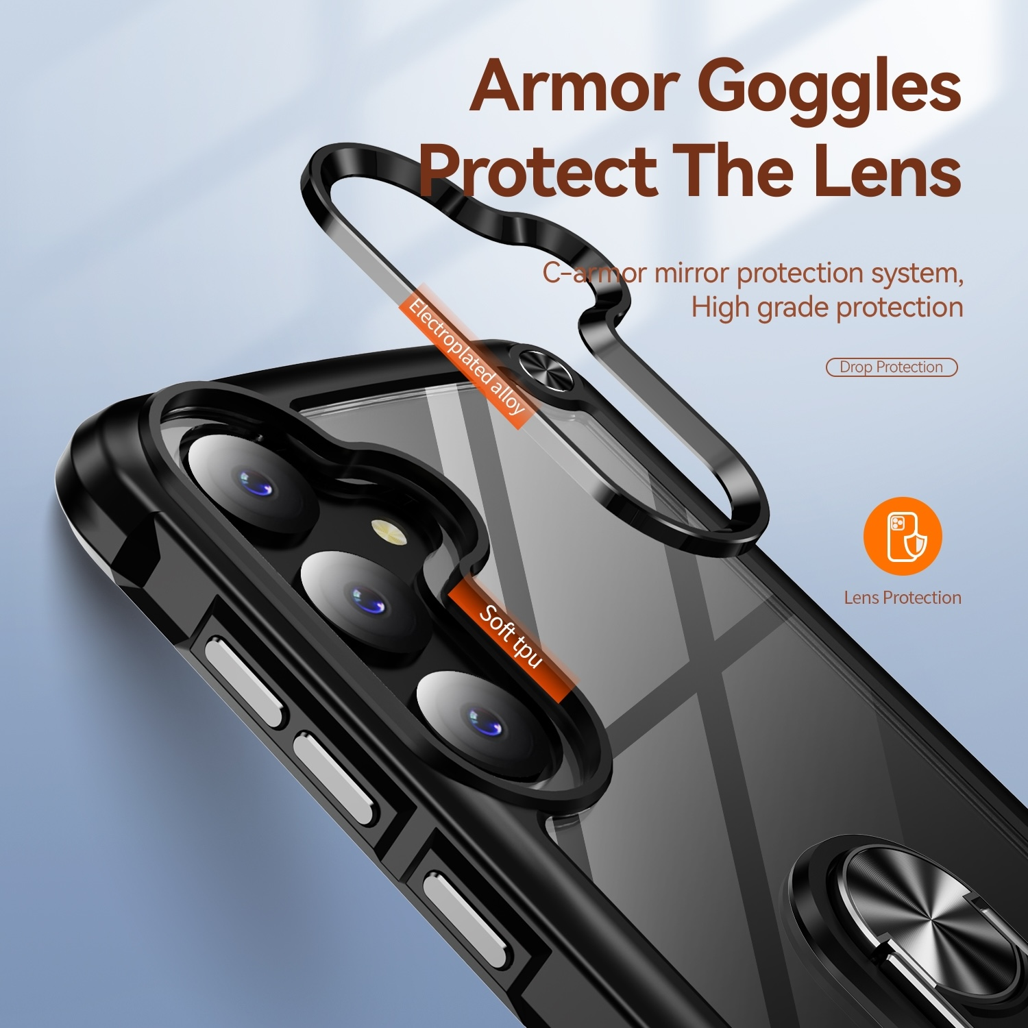 Schwarze Handyhülle mit schwarzem Ring, die die Kameralinsen schützt. Text: Armor Goggles Protect The Lens.