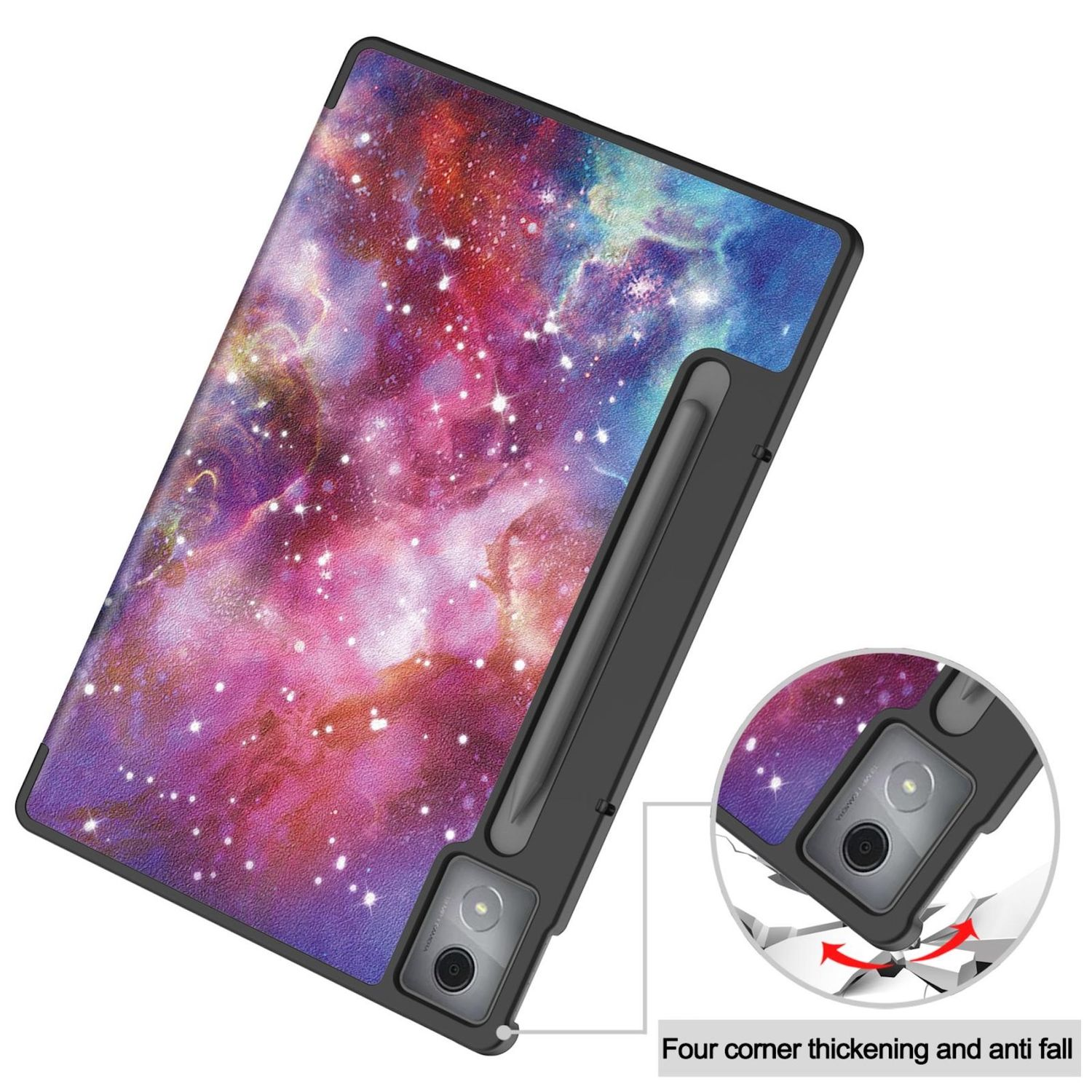 Tablethülle mit Galaxiedesign, schwarzem Rahmen und Stift.