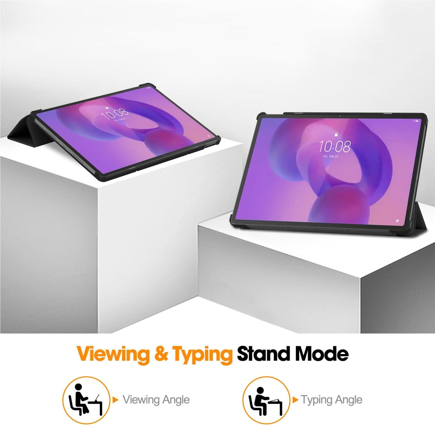Zwei Tablets mit schwarzen Hüllen auf weißen Blöcken. Eines für die Ansicht, das andere zum Tippen geneigt.