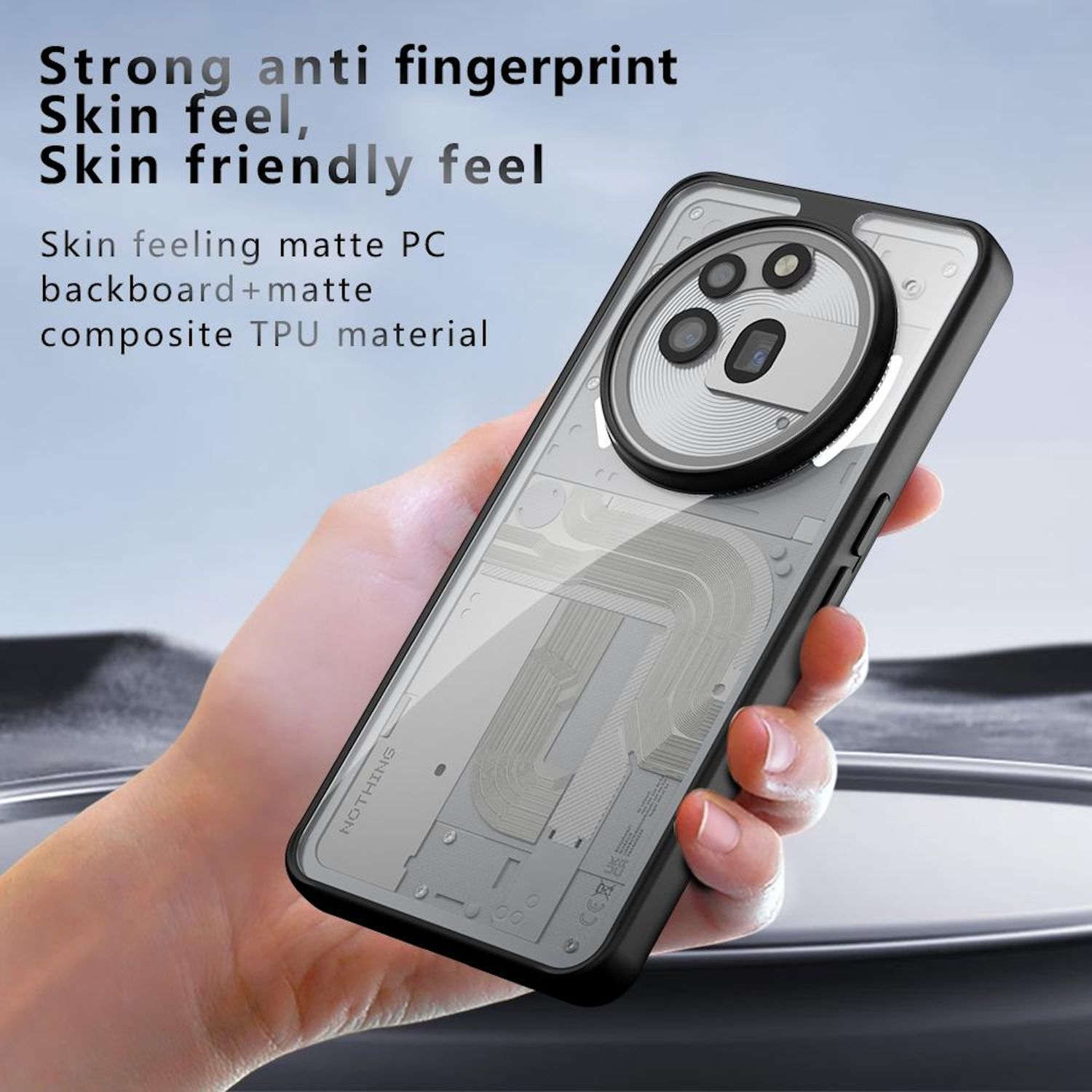 Telefon mit klarer Hülle, die interne Komponenten zeigt. Text lautet 'skin feeling matte PC'.