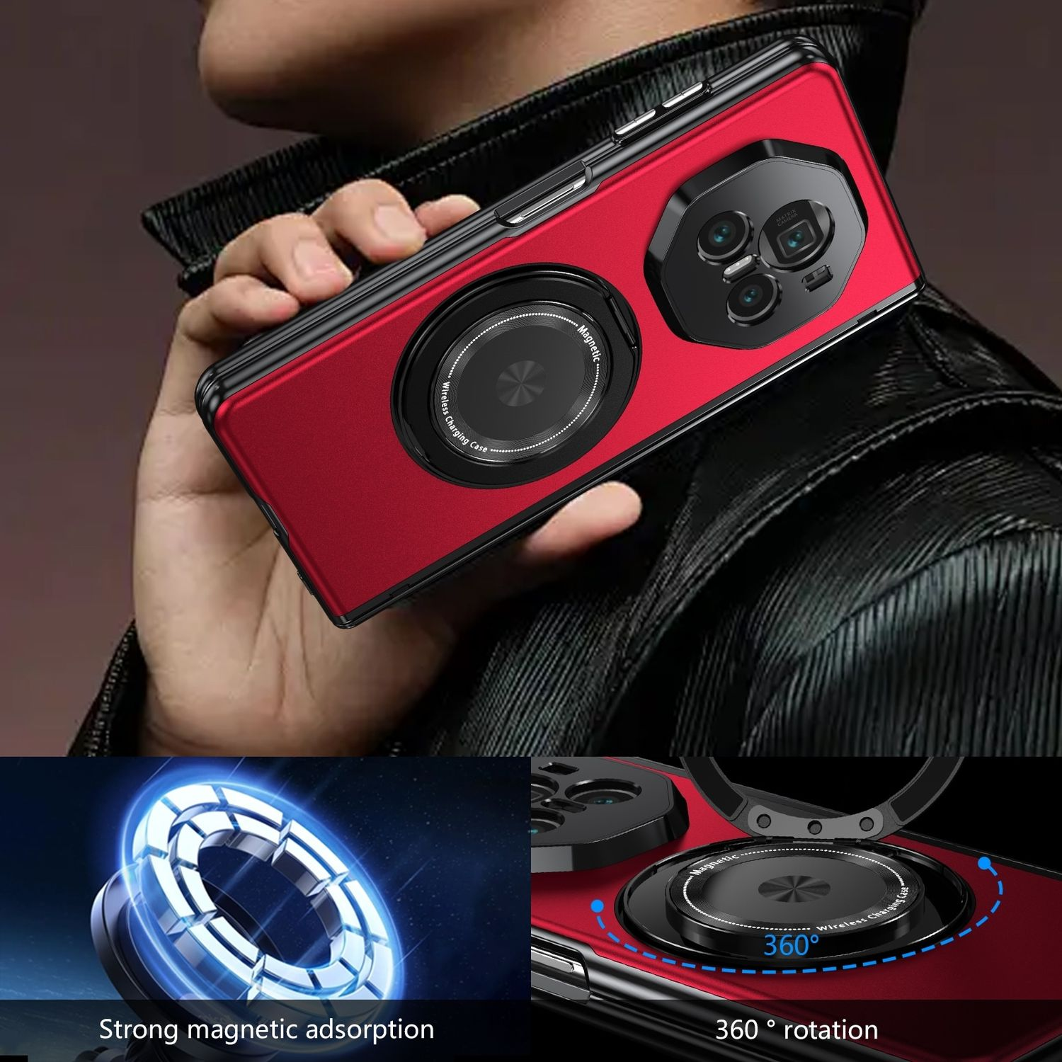 Rote Handyhülle mit Magnetring. Zeigt magnetische Adsorption und 360° Drehung.