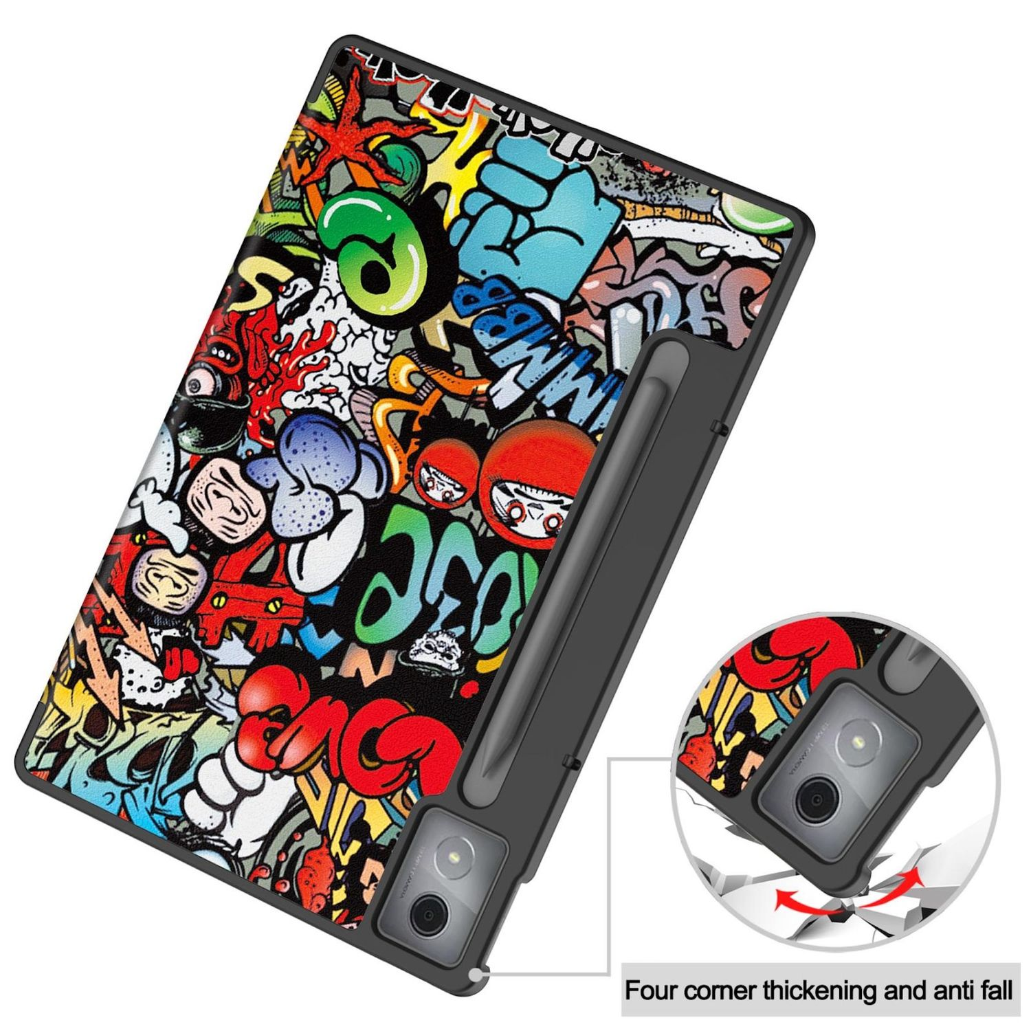 Tablethülle mit Graffiti-Design, zeigt Rückseite und Kamera.