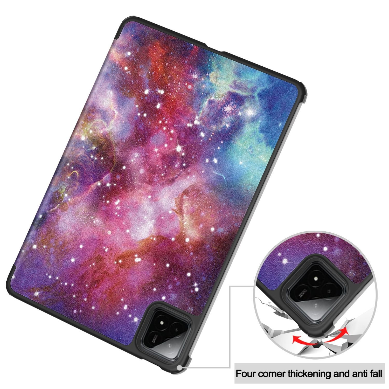 Funda de tableta con patrón de galaxia, marco negro y primer plano del área de la cámara.