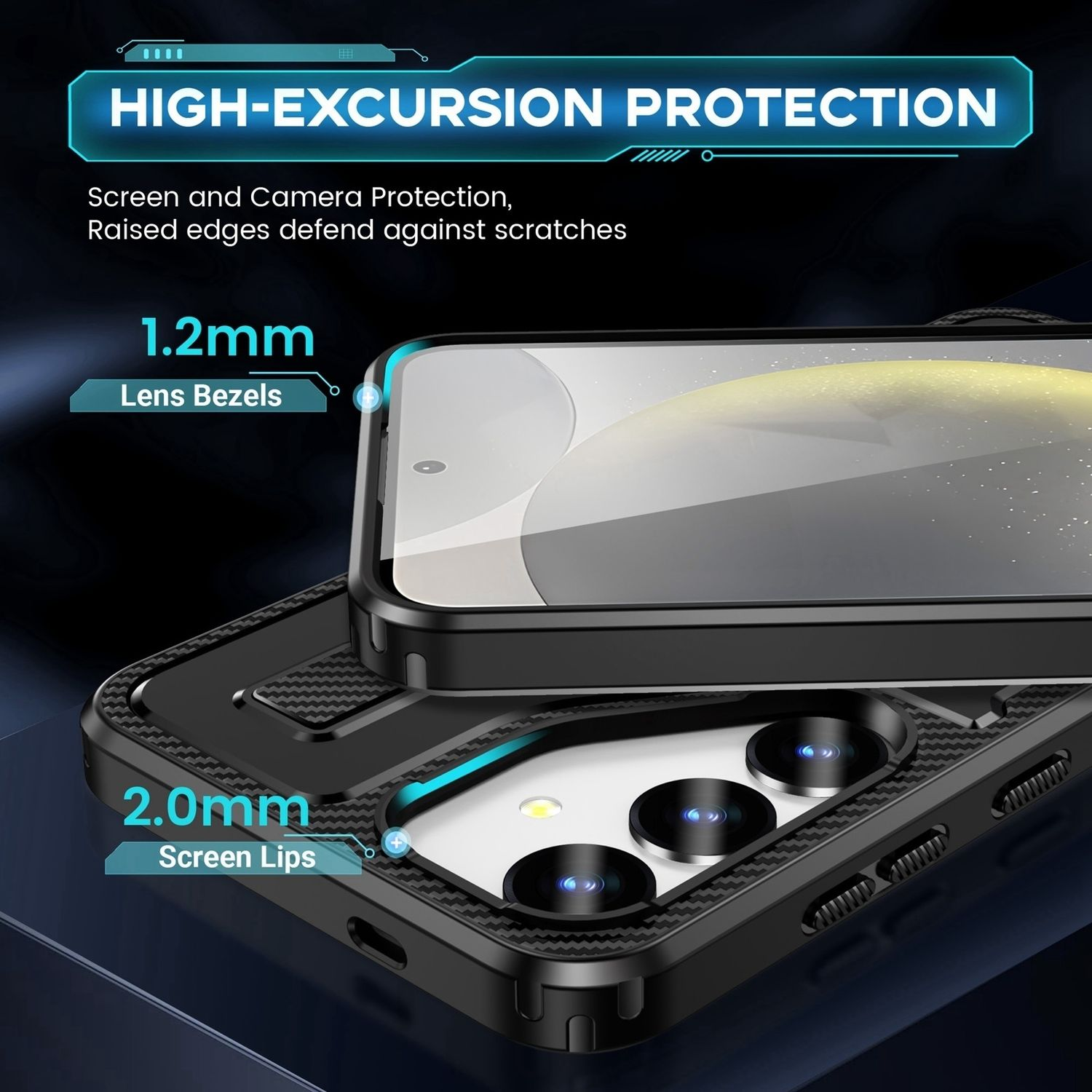 Funda de teléfono negra, primer plano. Texto: 'PROTECCIÓN DE ALTA EXCURSIÓN', 'Bisel de lente de 1,2 mm' y 'Labios de pantalla de 2,0 mm'.