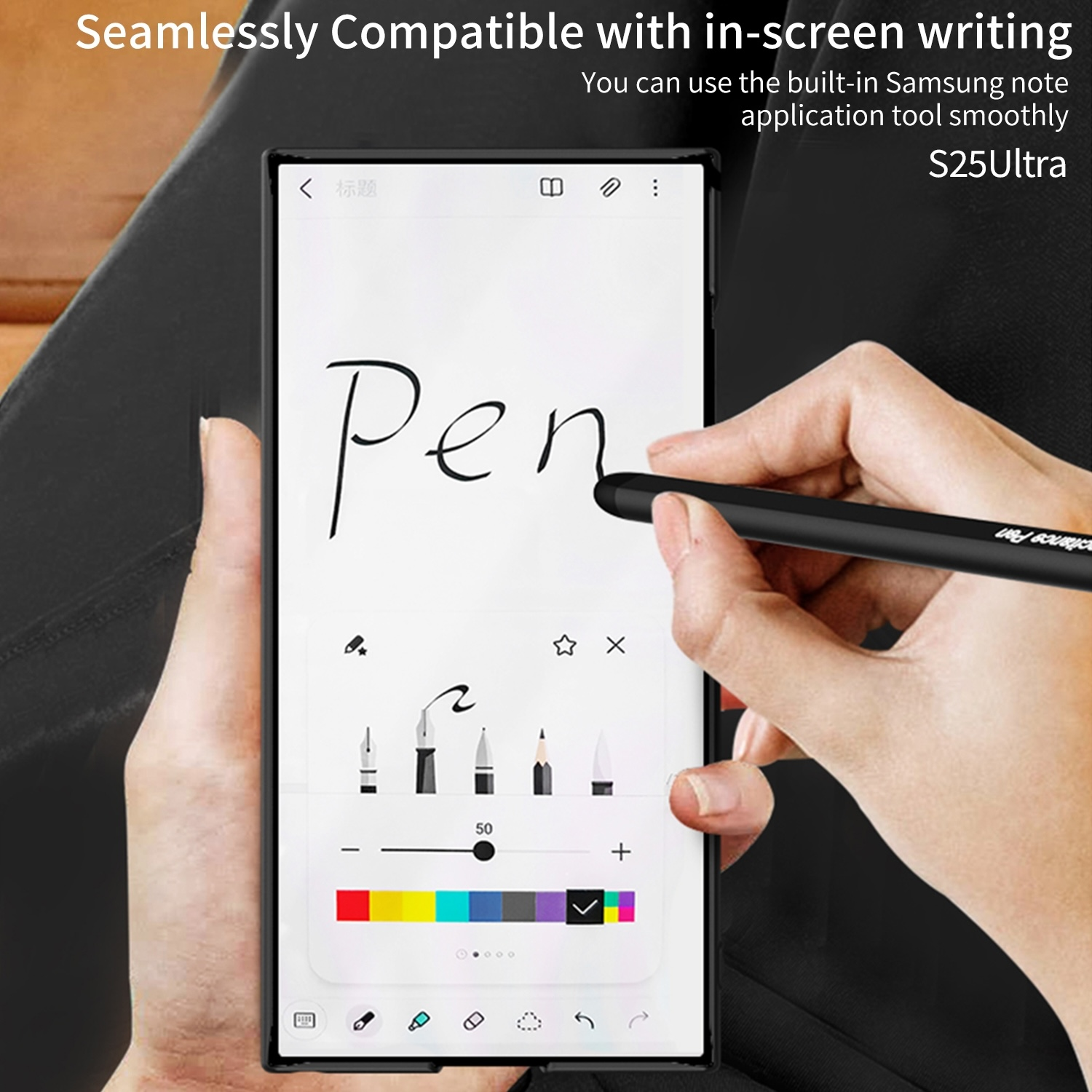 Una persona usa un lápiz óptico en un teléfono, con herramientas de dibujo visibles.