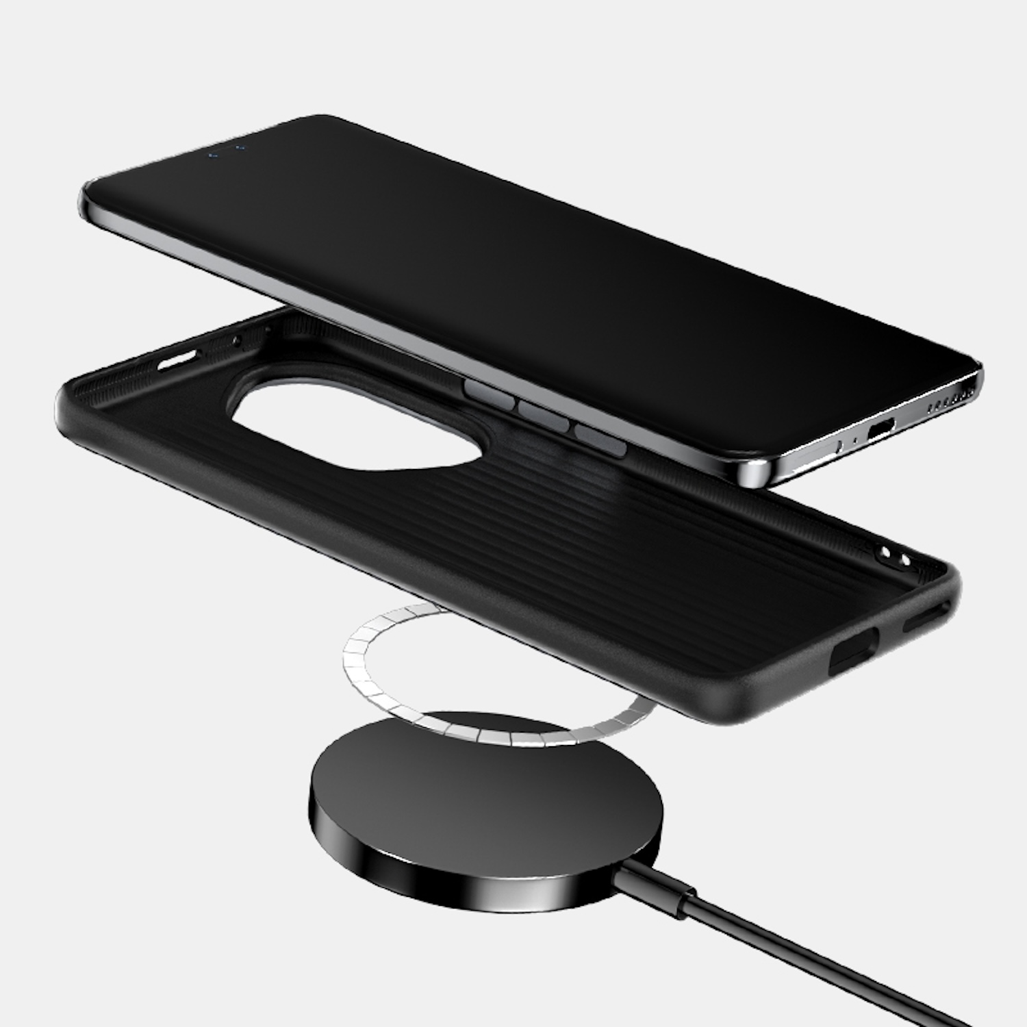 Schwarzes Telefon über schwarzer Hülle mit kabellosem Ladepad. Weißer Hintergrund mit hellem Licht.