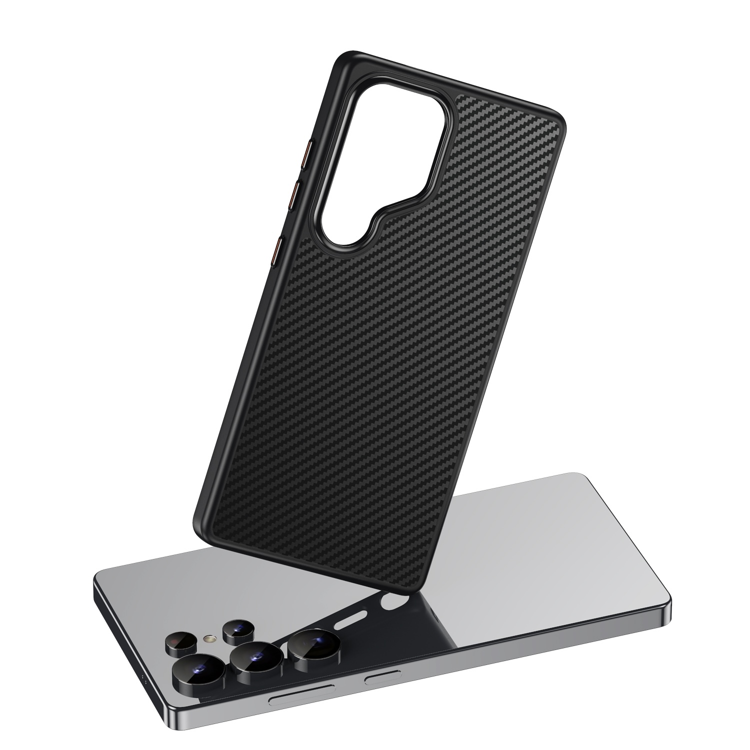 Funda de teléfono con diseño de fibra de carbono sobre un teléfono.