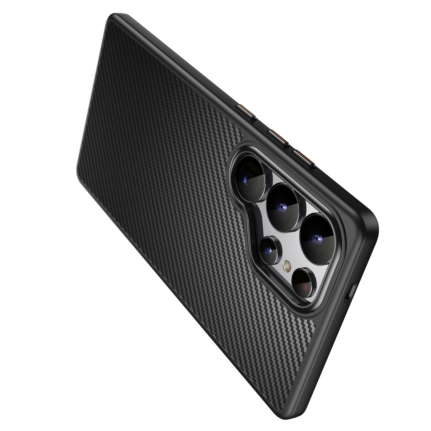 Funda de teléfono negra texturizada, con lente de cámara expuesta, vista en ángulo.