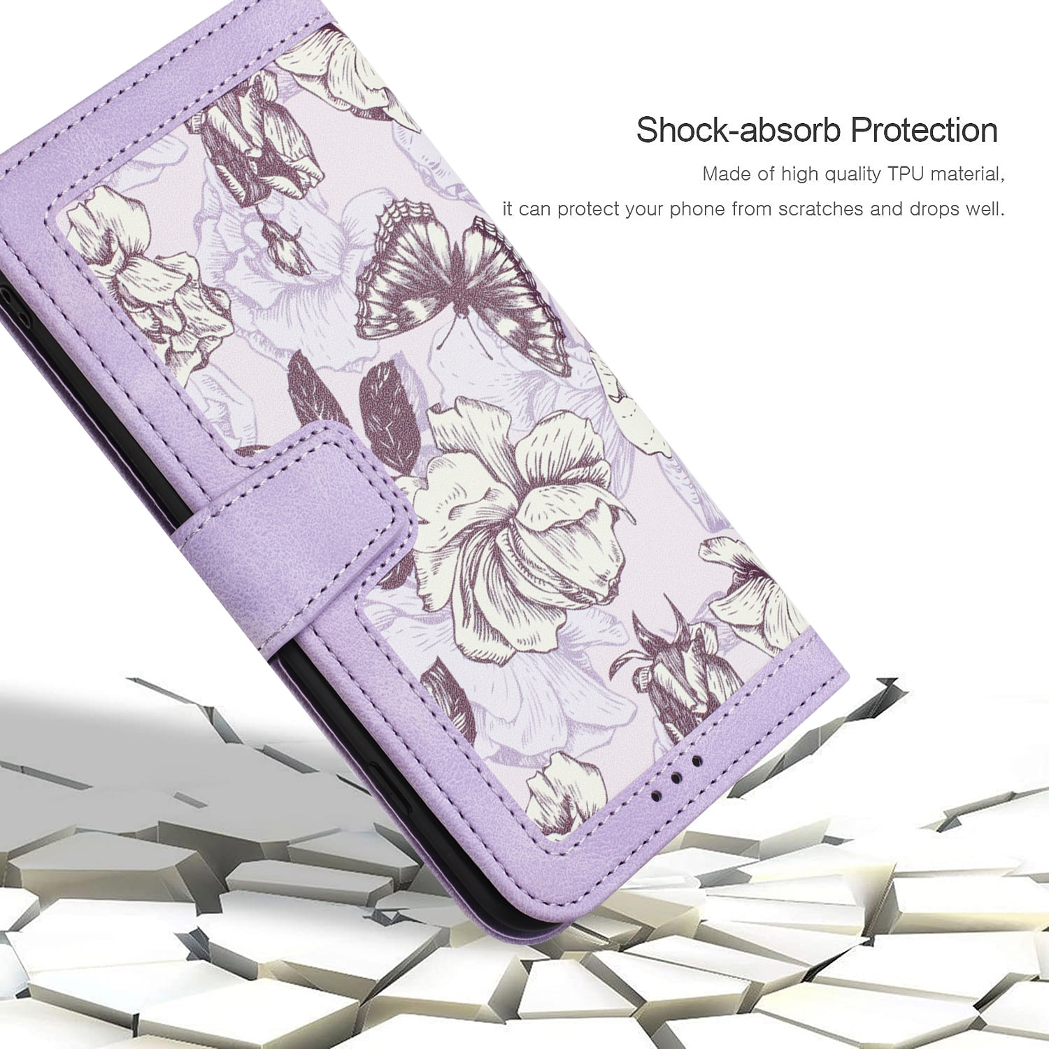 Funda morada con diseño floral y mariposa, mostrando sus características y protección contra caídas.
