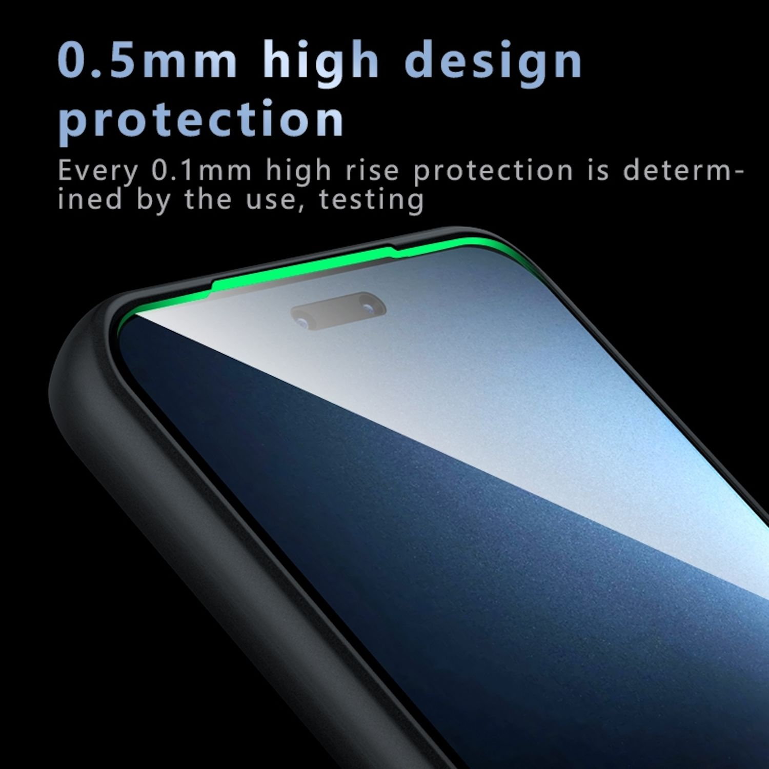 Ein schwarzer Displayschutz. Der Schutz hat einen grünen Rand mit dem Text 0,5 mm hohes Design.