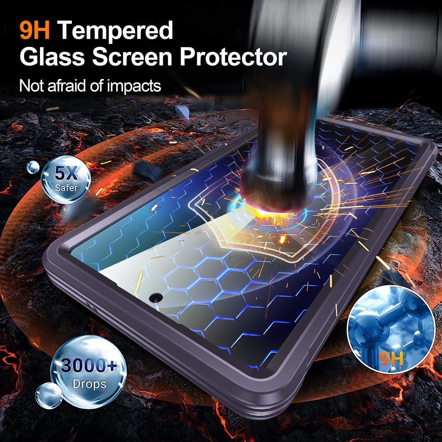 Ein Telefon mit Displayschutz wird von einem Metallobjekt getroffen. Der Schutz ist klar.