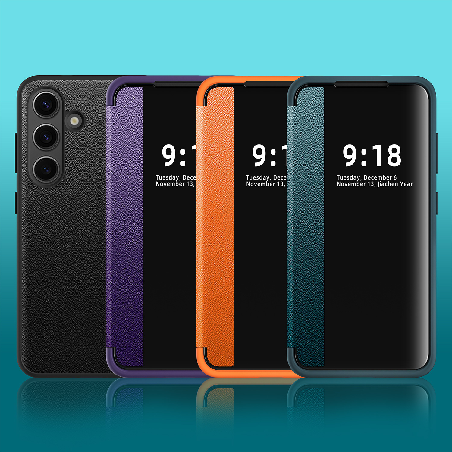 Se muestran cuatro teléfonos con fundas de diferentes colores. Cada funda muestra la hora en la pantalla.