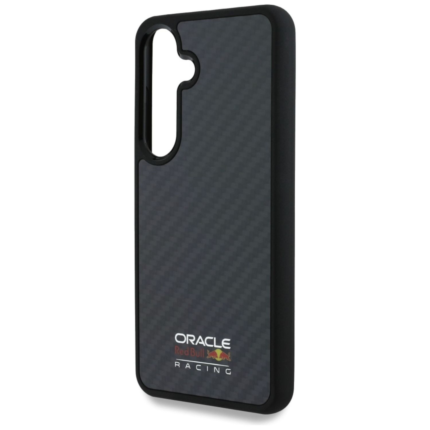 Schwarze Handyhülle mit dem Oracle Red Bull Racing Logo. Die Hülle hat eine Kohlefaserkonsistenz.