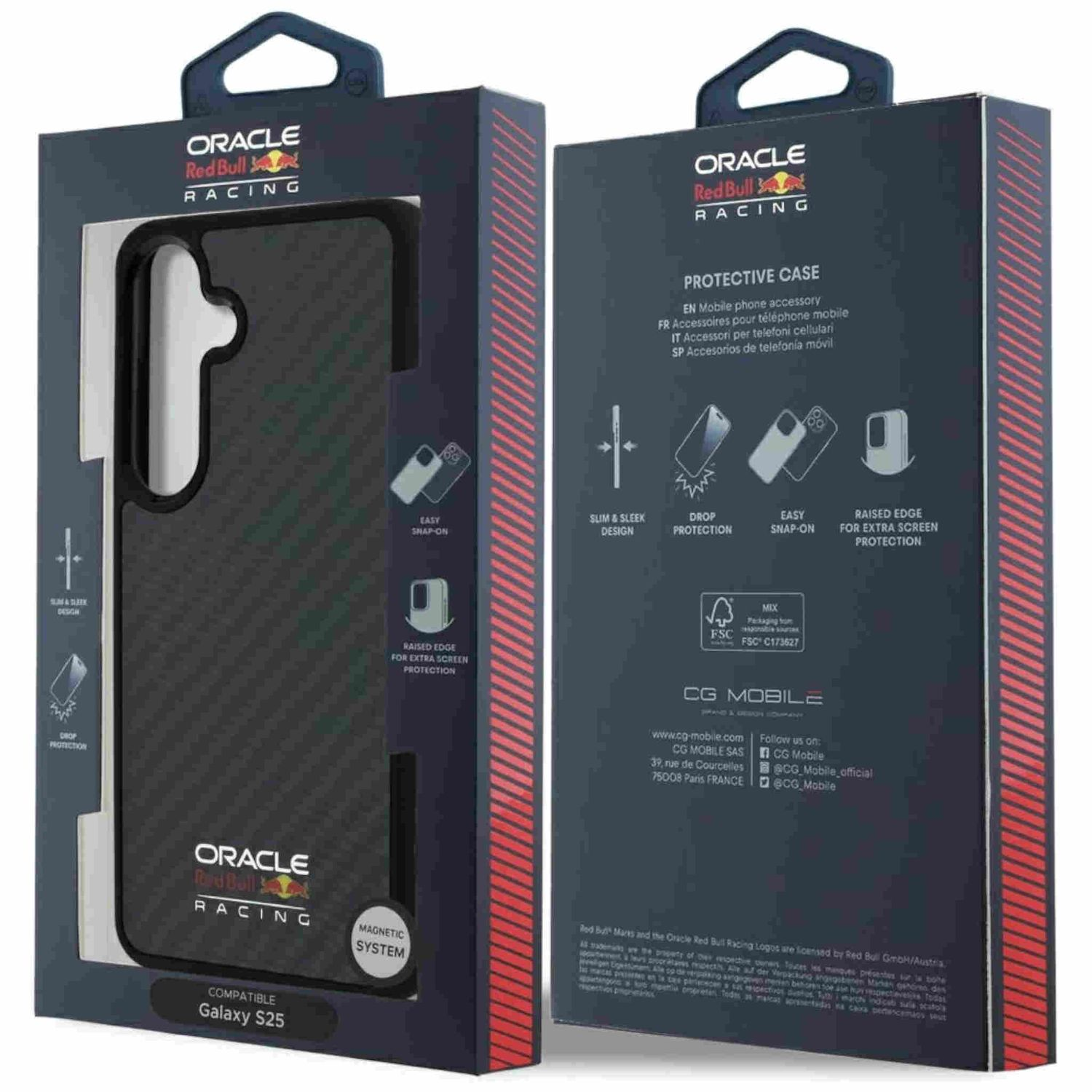 Verpackung für eine Handyhülle mit Oracle Red Bull Racing Branding. Hülle sichtbar, mit Anweisungen.