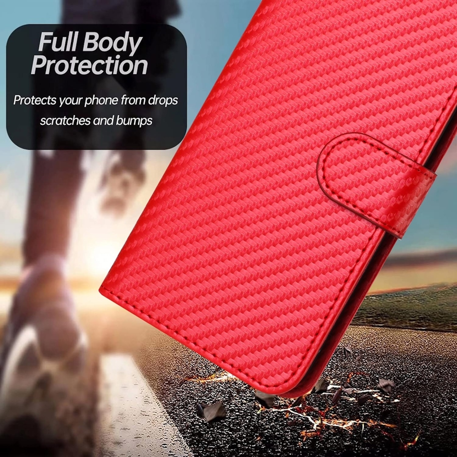 Funda de teléfono roja con patrón de fibra de carbono. Protege el teléfono de caídas, arañazos y golpes.