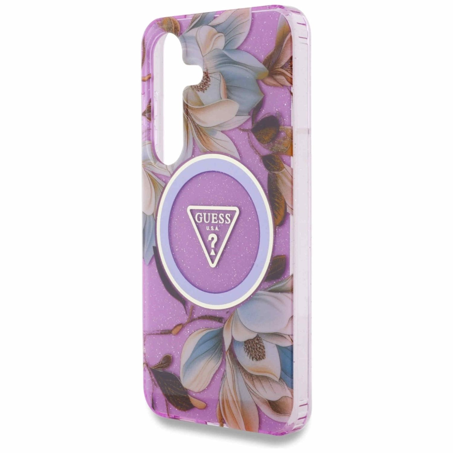 Lila Handyhülle mit floralem Design. Die Handyhülle hat ein Guess-Logo.