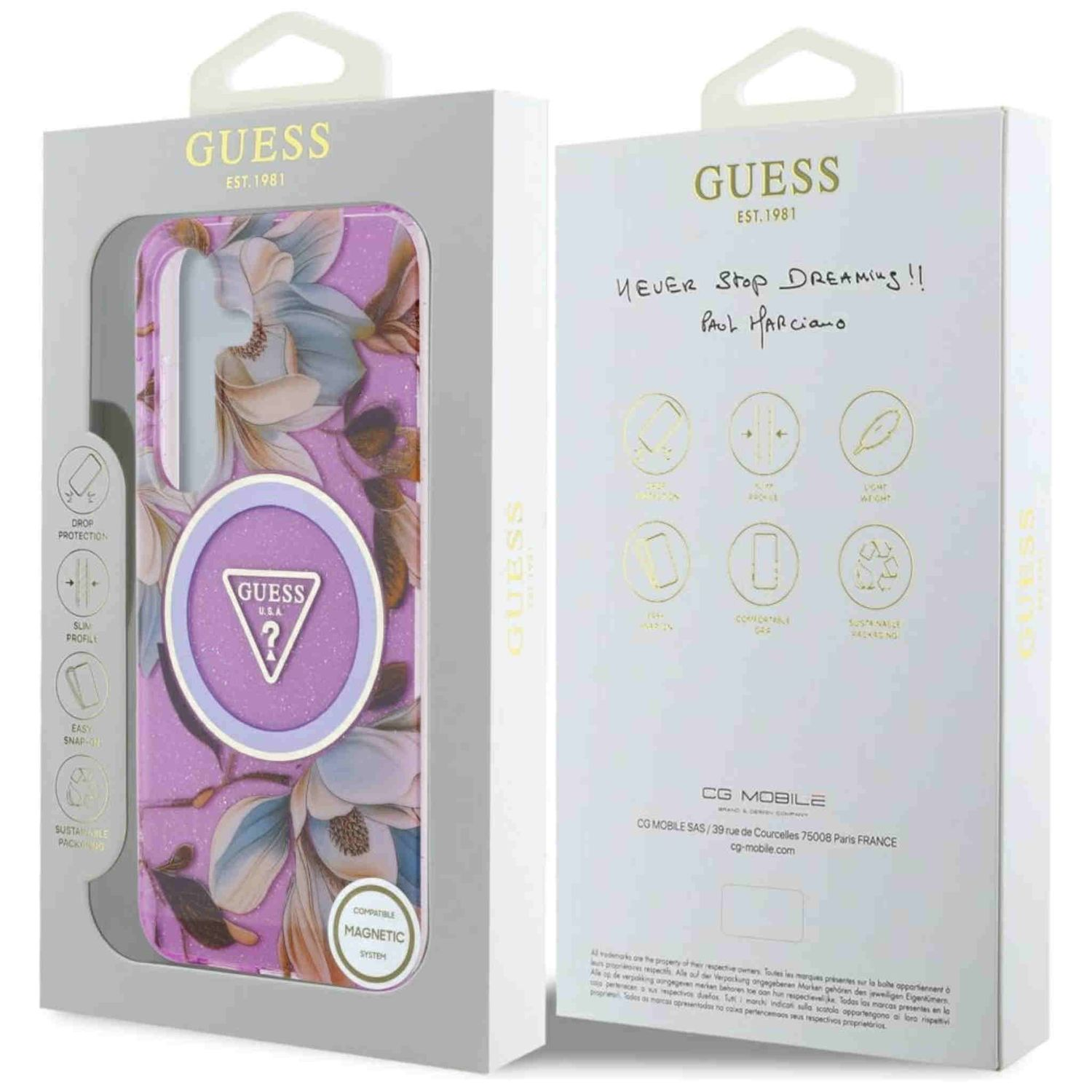 Handyhüllenbox, Marke Guess. Blumenmuster mit Ringhalter. Weiß und Lila.