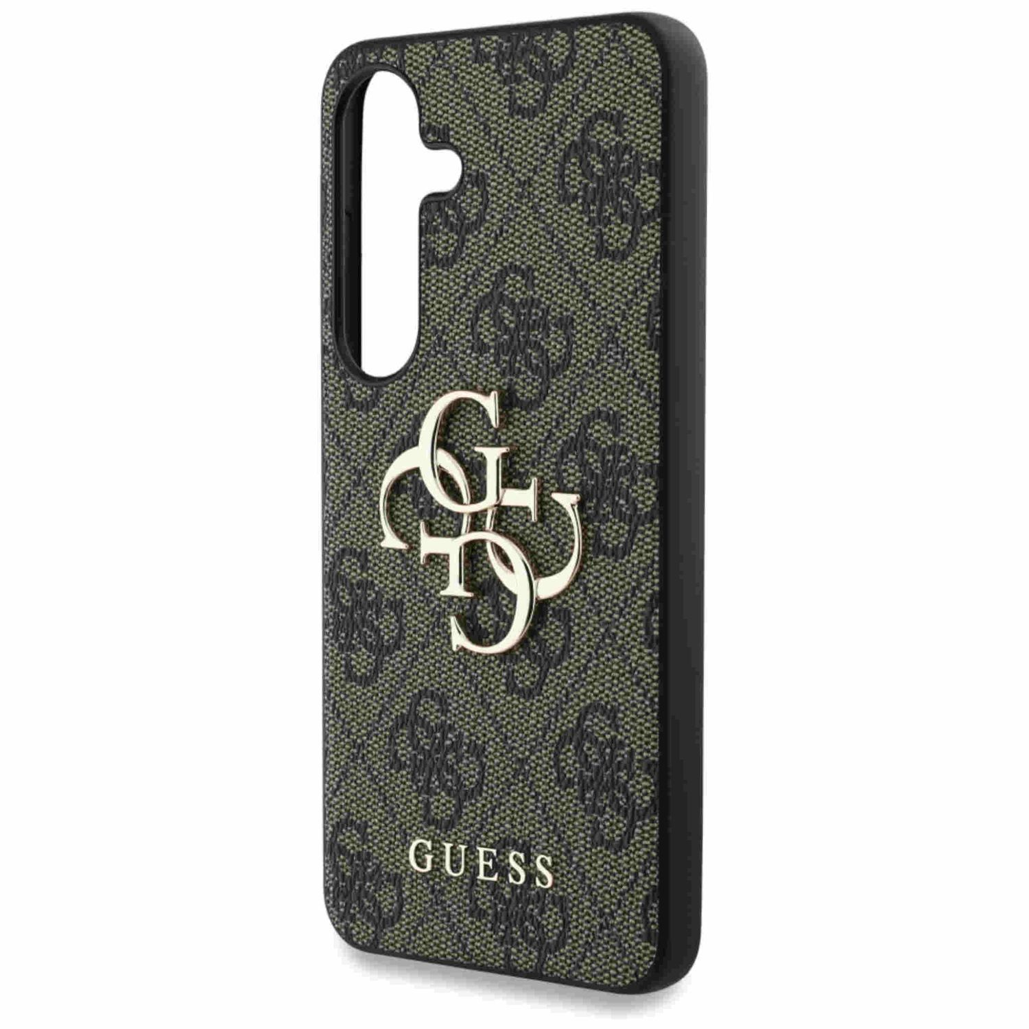 Custodia verde per telefono Guess con logo dorato.