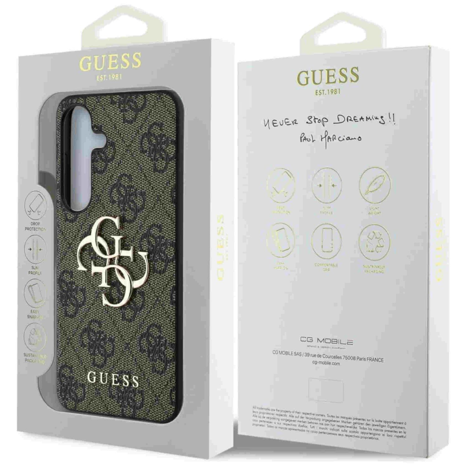 Custodia per telefono in scatola. La custodia è verde oliva con motivo Guess e logo oro.