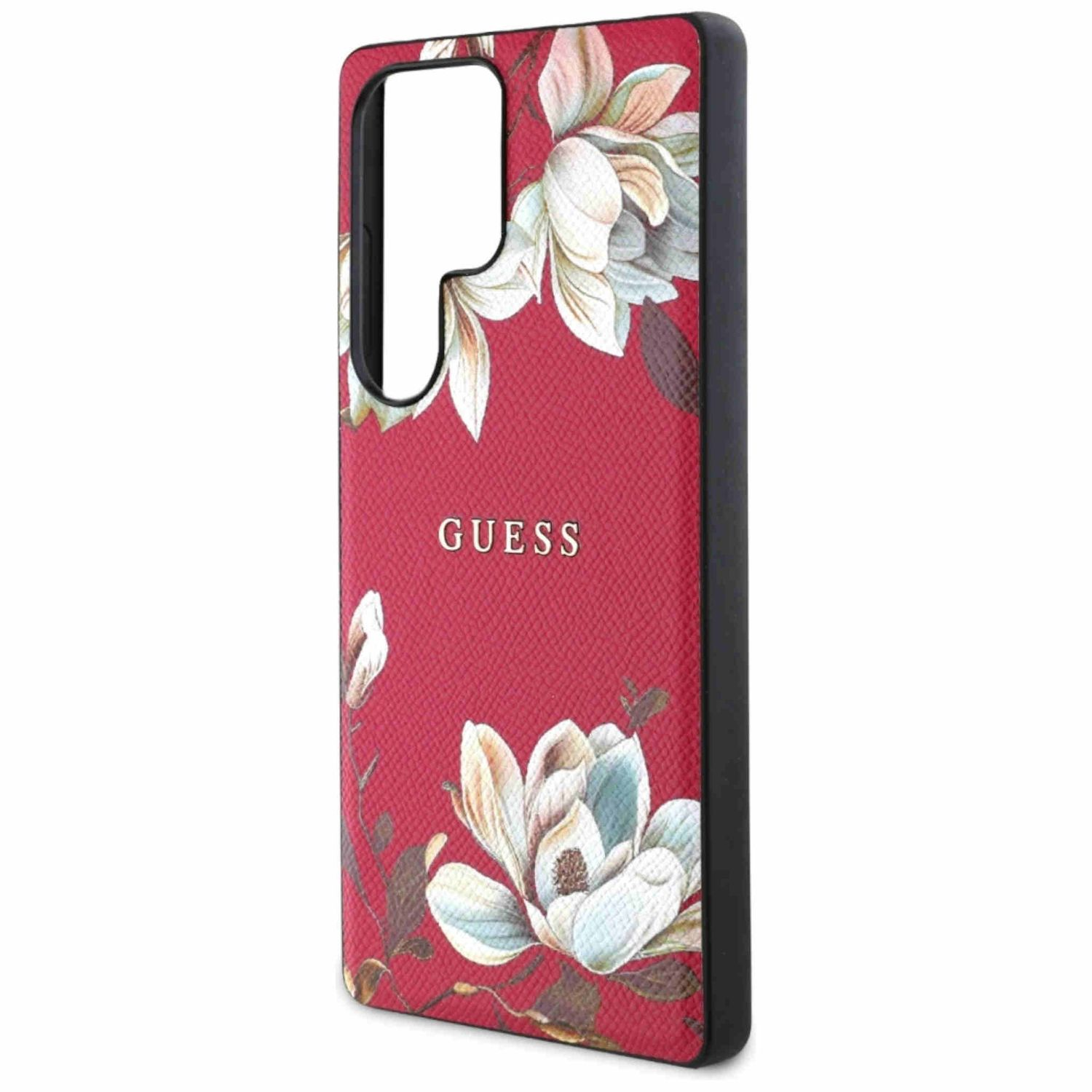 Rote Handyhülle mit weißem Blumendesign und schwarzen Rändern. Das Guess-Logo ist gold.