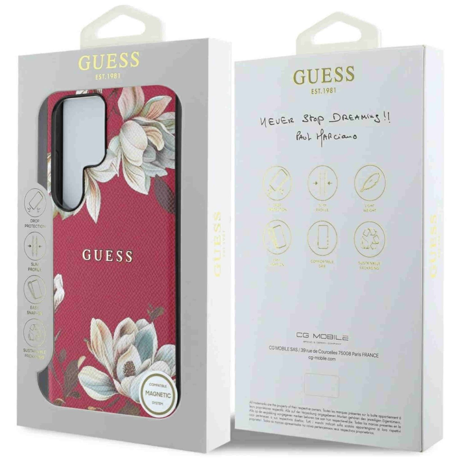 Handyhülle im Karton. Rotes Blumenmuster, GUESS-Logo, Produktdetails.
