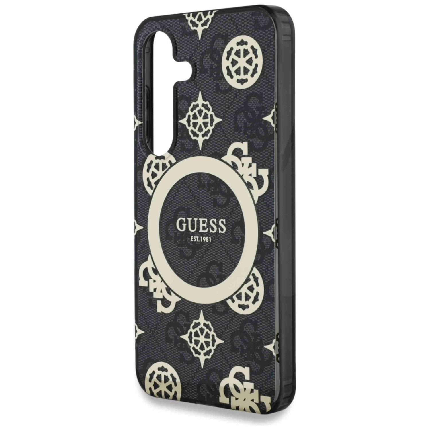 Schwarze Handyhülle mit Guess-Logo und Muster aus weißen Kreisen und geometrischen Formen.
