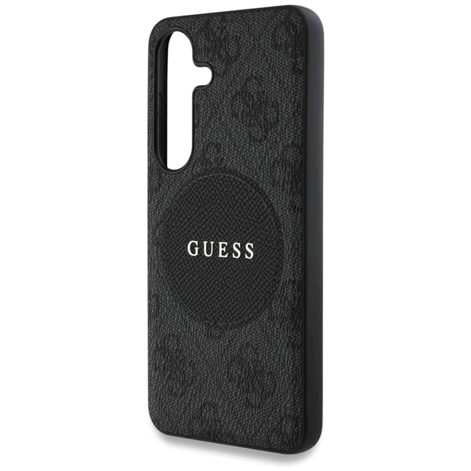Czarne etui Guess. Teksturowany wzór, okrągłe logo Guess.