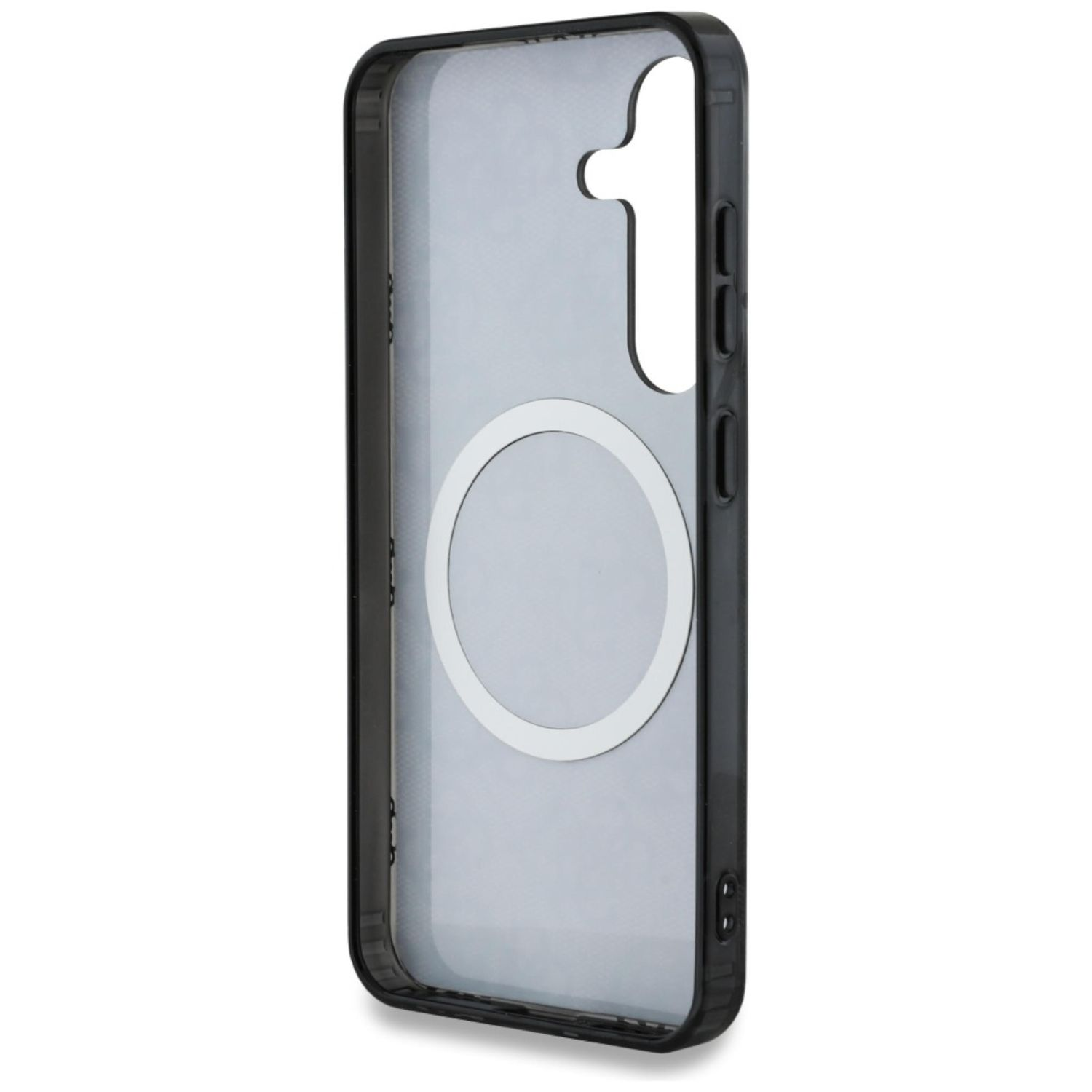 Transparente Handyhülle mit Magnetring. Rückseite eines Telefons durch die Hülle sichtbar. Schwarzer Rahmen um die Hülle.