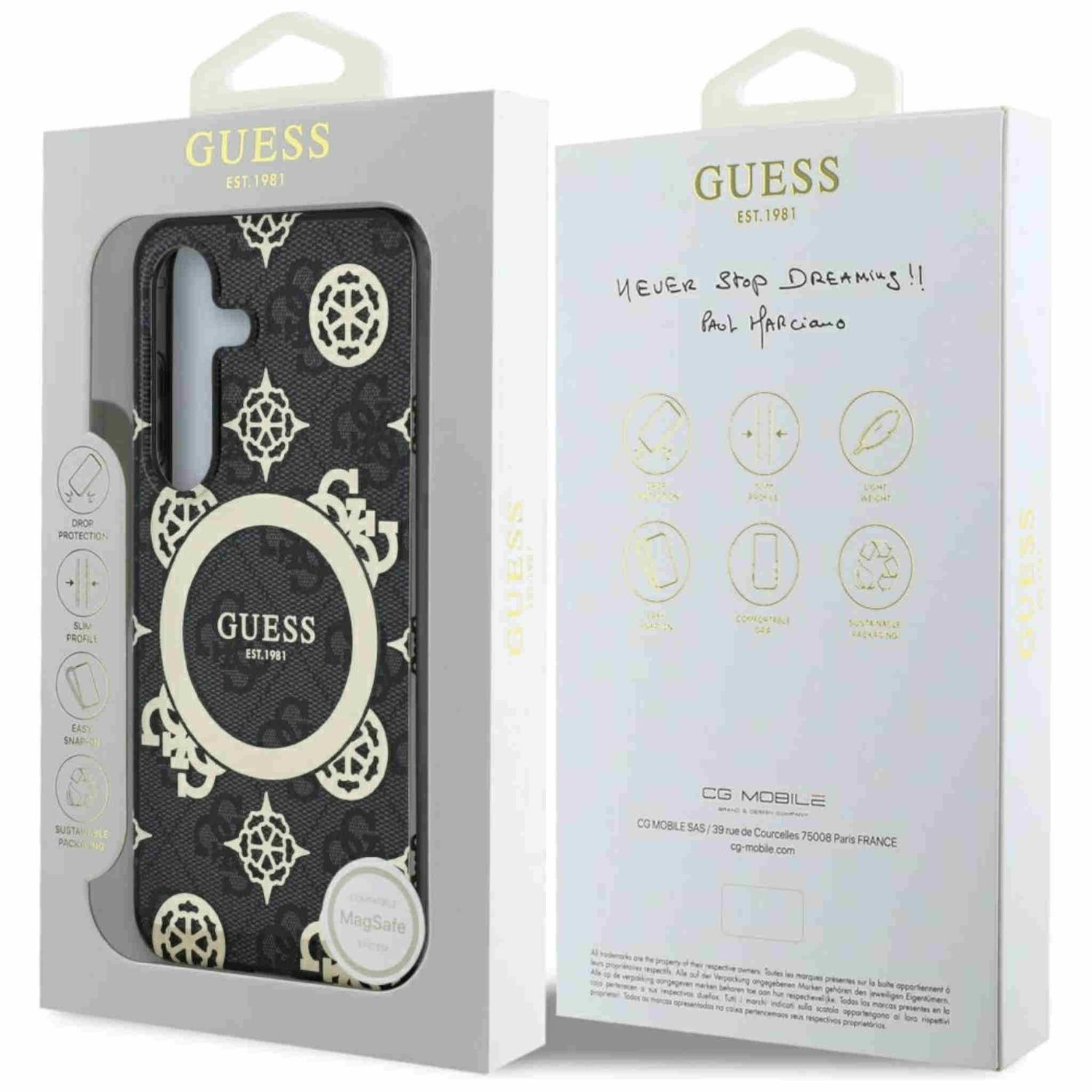 Handyhülle im Karton. Weißes und goldenes Guess-Logo, Blumenmuster.