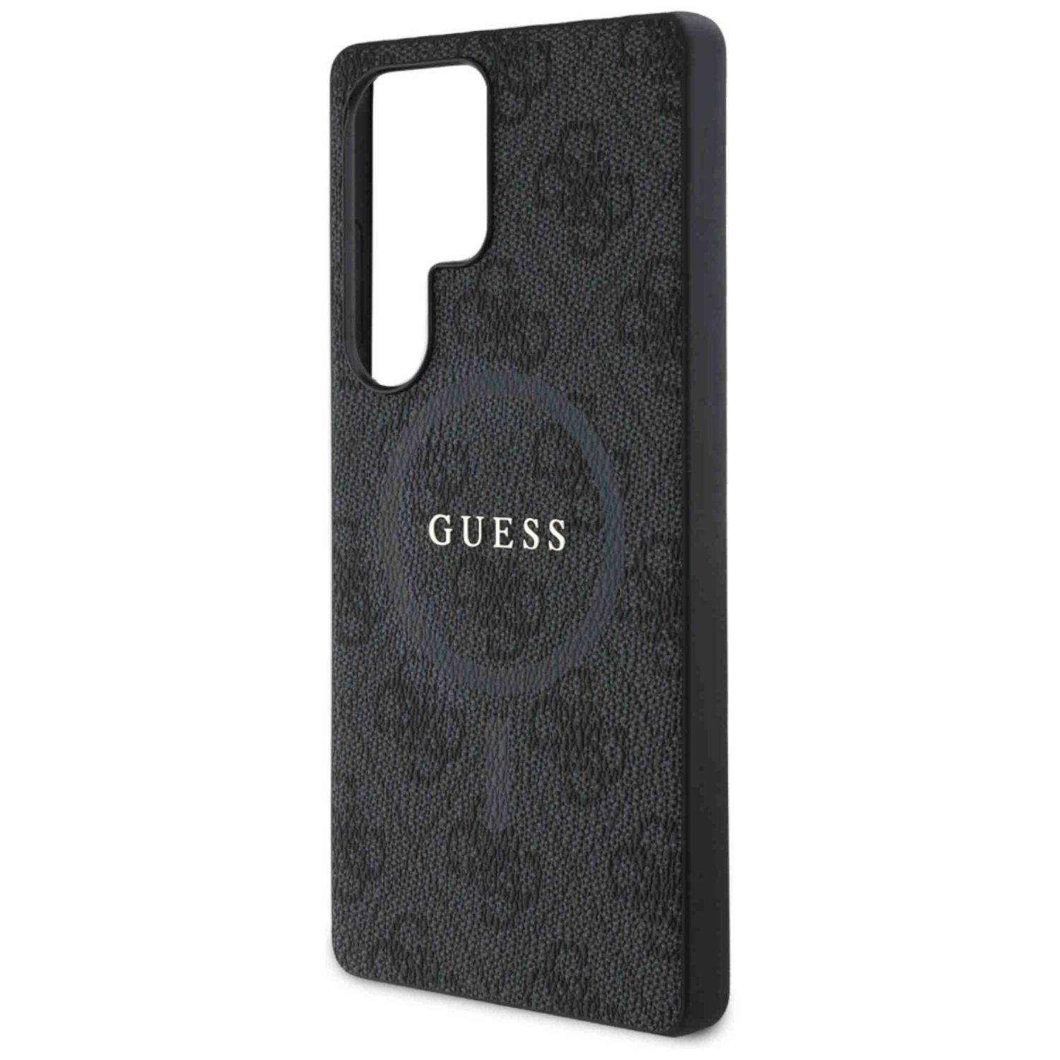 Custodia per telefono grigio scuro con logo Guess e motivo ripetuto del logo Guess.