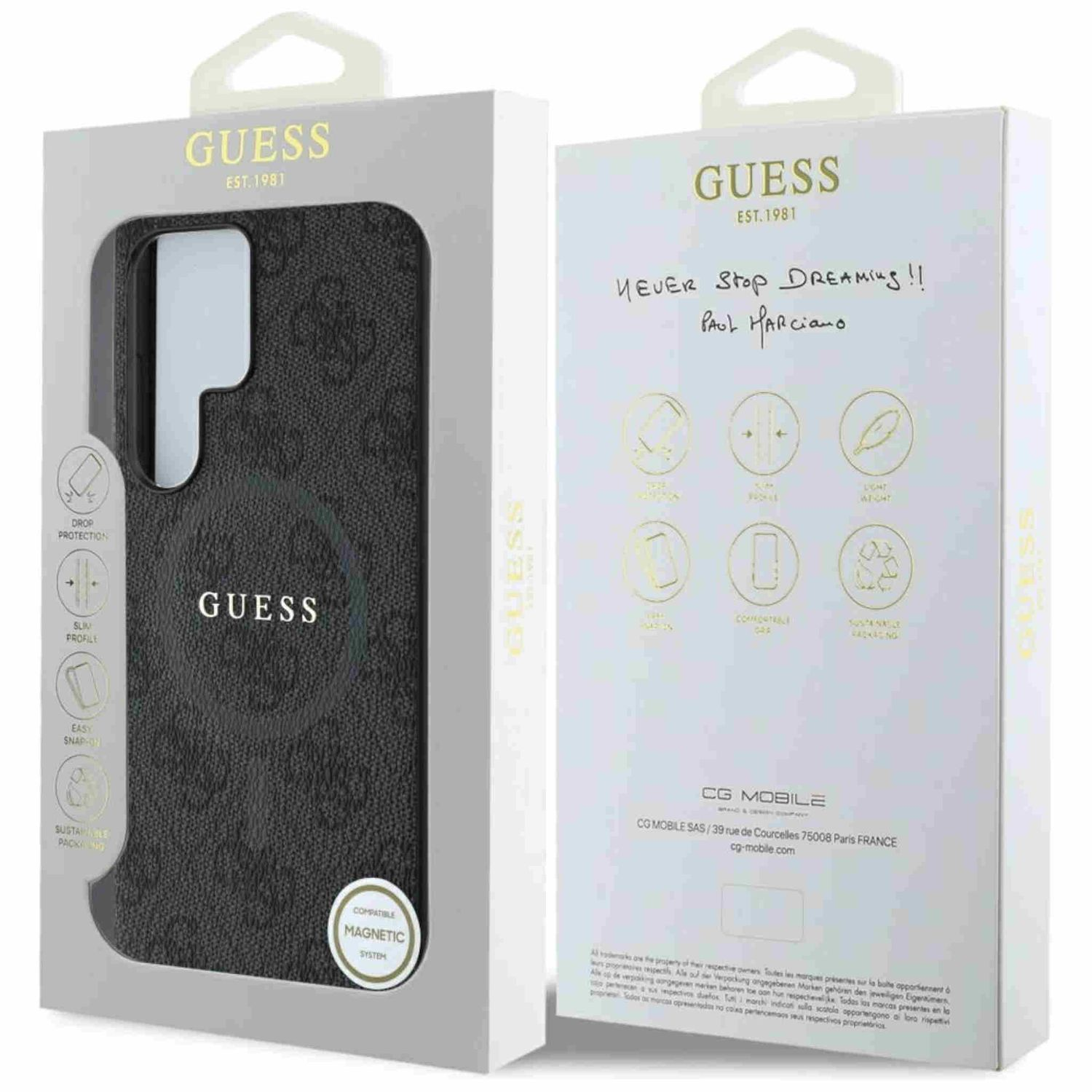 Custodia per telefono in scatola. Custodia Guess nera, logo e design mostrati.