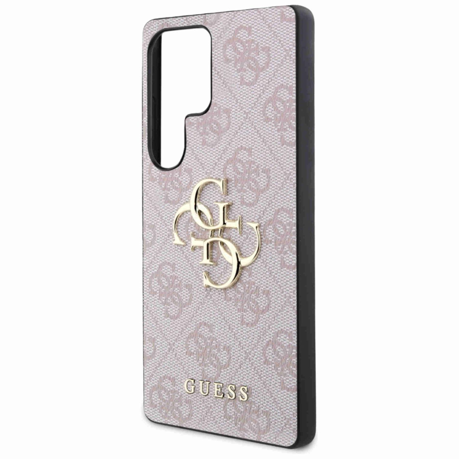 Custodia per telefono rosa chiaro con logo Guess e motivo ripetuto del logo Guess.