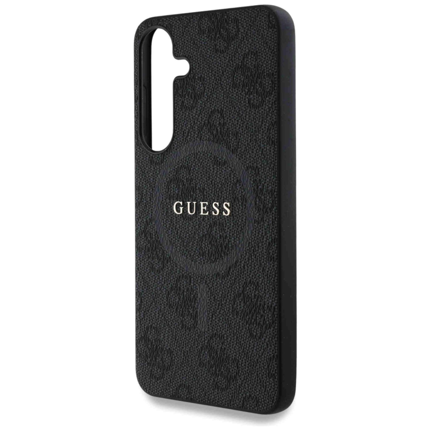 Czarne etui na telefon z logo Guess i powtarzającym się wzorem logo Guess.