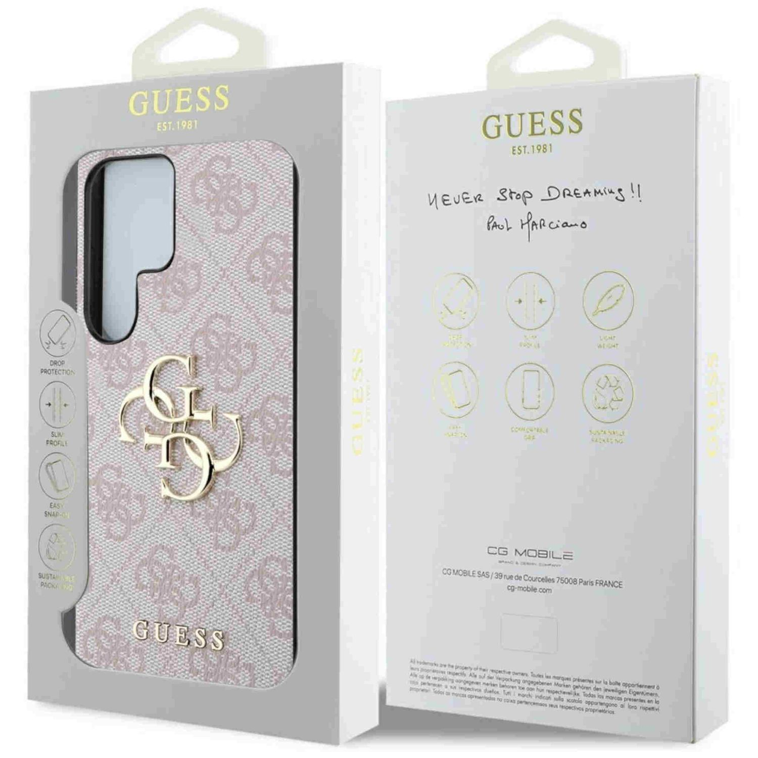 Custodia GUESS in una scatola, rosa chiaro con logo e testo GUESS.