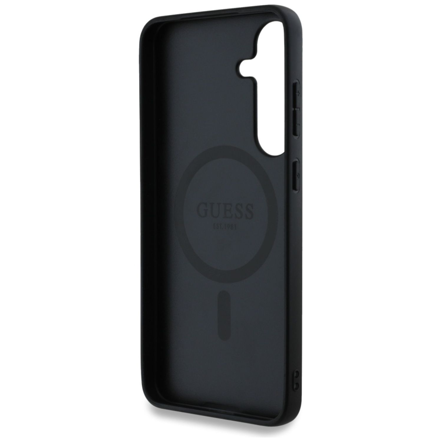 Czarne etui na telefon, logo GUESS, widok z tyłu. Białe tło.