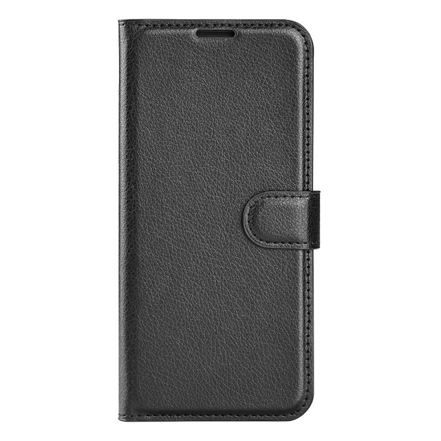 Schwarze Telefon-Brieftasche mit Magnetverschluss.